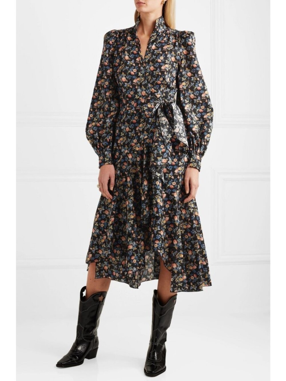 Anna Mason Blue Stella Floral Print Midi Wrap Dress, Size 2 | 6